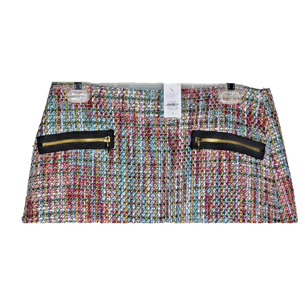 NEW Skirt LOFT Multicolor Tweed Lined Mini Back Zip Front Zip Pockets NEW - Picture 2 of 8